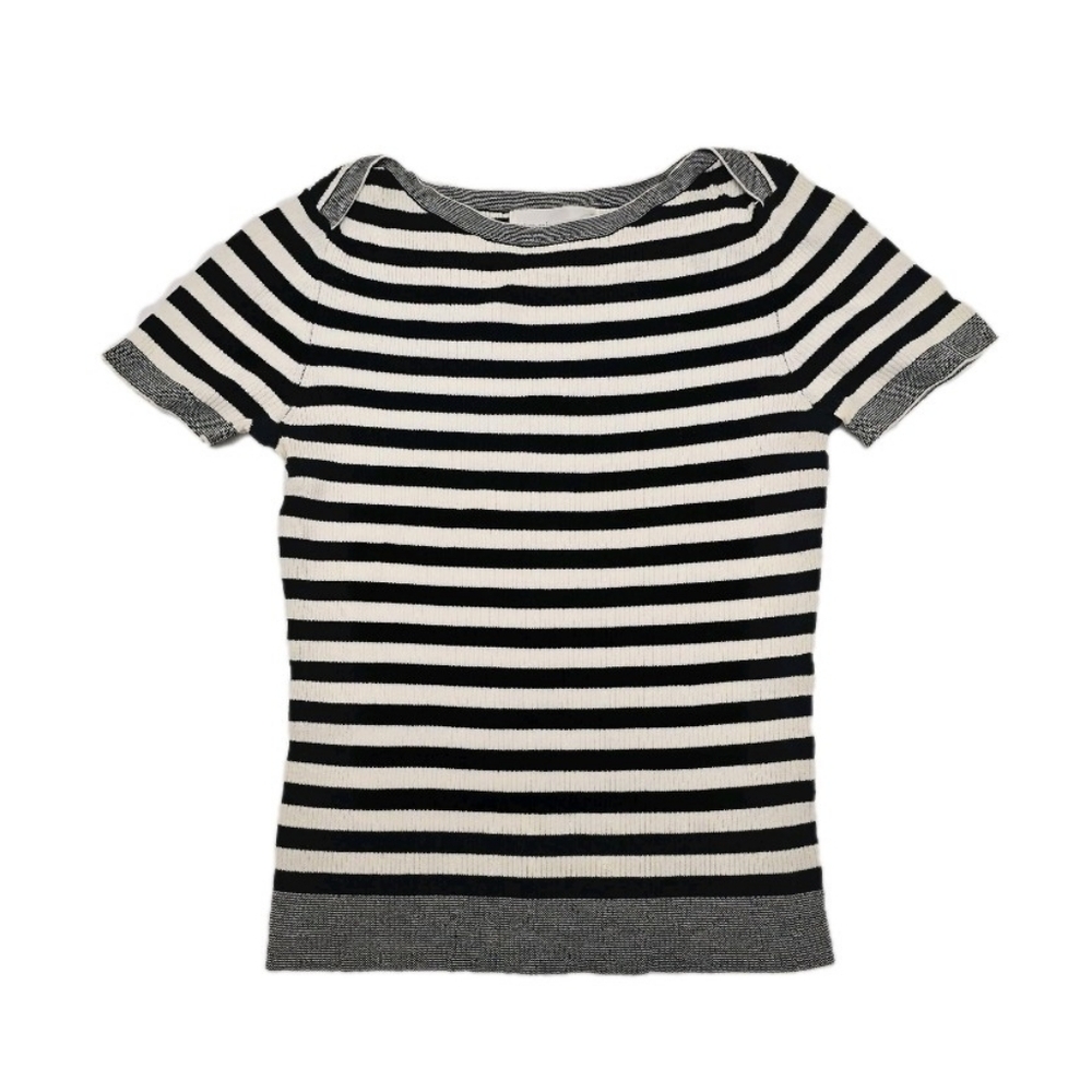 Vintage 90s Bloomingdale's Striped Rib Knit Top M Y2K Nautical Black Off White